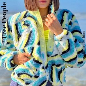 FREE PEOPLE HIT THE SLOPES FLEECE JACKET IN BLUE RAINBOW COMBO SP TP NEW